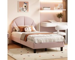 Eenpersoonsbed 90 x 200 cm, modern gestoffeerd bed met fluwelen bekleding, in hoogte verstelbaar hoofdbord en lattenbodem, matras niet inbegrepen