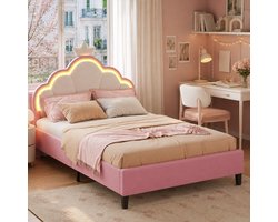 Eenpersoonsbed 90x190 cm, Kinderbed met ledverlichting en verstelbaar hoofdeinde, kroonpatroon, meisjesbed, bedframe 90x190 - Flanel Roze (matras niet inbegrepen)