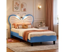 Eenpersoonsbed 90x190 cm, kinderbed met vlindervormig hoofdeinde, gestoffeerd bed met leeslampje, geschikt voor tieners en meisjes, PU, Blauw