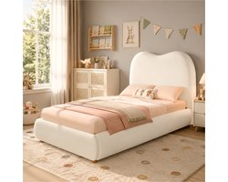 Eenpersoonsbed 90x200 cm, Beige Fluwelen Bed met Hydraulisch Opbergsysteem, Lattenbodem en Zacht Hoofdbord