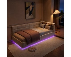 Eenpersoonsbed 90x200 cm, beige pluche opbergbed met hydraulisch hefmechanisme, USB & Type-C poort, RGB LED verlichting