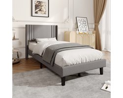 Eenpersoonsbed 90x200 cm – Gestoffeerd Bedframe met Gestreept Hoofdbord – Grijs Linnen – Ruimtebesparend en Stevig