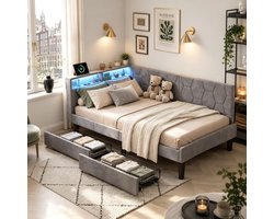 Eenpersoonsbed 90x200 cm, Gestoffeerde slaapbank met 2 lades, opbergruimte, ledverlichting, hoofdbord en USB- en Type-C-poort, bed met lattenbodem, fluweel Grijs