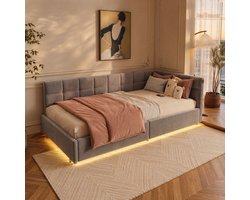 Eenpersoonsbed 90x200 cm - Grijs Fluweel - Hydraulische Opbergruimte - LED-Verlichting - USB- en Type-C-Oplaadpoorten - Hoekbed