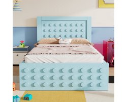 Eenpersoonsbed 90x200 cm in hout - kinderbed jeugdbed - massief houten bedframe - met lades en opbergruimte onder het bed - blauw - geen matras