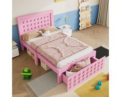 Eenpersoonsbed 90x200 cm in hout - kinderbed jeugdbed - massief houten bedframe - met lades en opbergruimte onder het bed - roze - geen matras