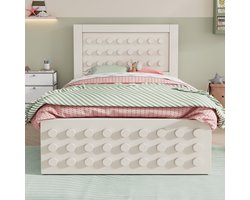 Eenpersoonsbed 90x200 cm in hout - kinderbed jeugdbed - massief houten bedframe - met lades en opbergruimte onder het bed - wit - zonder matras