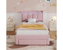 Eenpersoonsbed 90x200 cm - Kinderbed - Gestoffeerd Bed Met Lade En Golfvormig Hoofdbord - LED Verlichting Via App - Met Opbergruimte - Fluweel - Roze