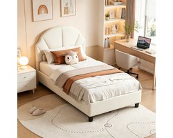 Eenpersoonsbed 90x200 cm, kinderbed, tienerbed, met verstelbaar hoofdeinde, lattenbodem, prinsessenbed, meisjesbed 90x200, fluweel, Beige