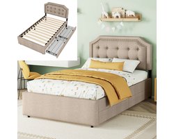 Eenpersoonsbed 90x200 cm met 2 lades en lattenbodems, bed met opbergruimte, eenvoudig en elegant design - linnen stof - donkerbeige(Matras niet inbegrepen)