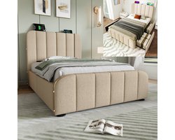 Eenpersoonsbed 90x200 cm met 4 lades en lattenbodems, bed met opbergruimte, gouden treeplanken en USB Type-C oplader, beige(Matras niet inbegrepen)