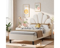 Eenpersoonsbed 90x200 cm met bloemvorm hoofdbord, velvet beige kinderbed tienerbed met lattenbodem, design bedframe slaapkamermeubel
