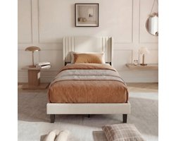 Eenpersoonsbed 90x200 cm met Gestreept Hoofdeinde, Zacht Linnenstof, Robuust Frame