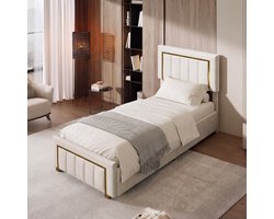 Eenpersoonsbed 90x200 cm met Hydraulische Opbergruimte, Fluweel en Luxe Gouden Details