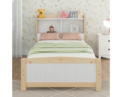 Eenpersoonsbed 90x200 cm met massief houten hoofdbord met opbergruimte, bed met opbergruimte en lattenbodem, natuurlijk en wit massief grenen(Matras niet inbegrepen)