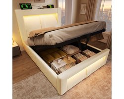 Eenpersoonsbed 90x200 cm met opbergruimte, hydraulisch bed, ledverlichting met app-bediening, USB- en Type-C-oplaadpoorten, fluwelen bekleding, hoofdbord met gebogen design, beige, exclusief matras