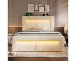 Eenpersoonsbed 90x200 cm met opbergruimte - LED-verlichting - USB- en Type-C-oplaadpoorten - gebogen hoofdeinde - beige - zonder matras