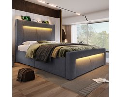 Eenpersoonsbed 90x200 cm met opbergruimte - LED-verlichting - USB- en Type-C-oplaadpoorten - gebogen hoofdeinde - grijs - zonder matras