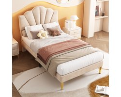 Eenpersoonsbed - 90x200 cm - Schelpvorm met Gouden Poten - Verstelbaar Hoofdbord - Fluweel - Beige