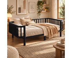 Eenpersoonsbed 90x200 cm - Slaapbank - Vloerbed - Metalen bedframe - Met Lattenbodem - Bespaar ruimte - Stevig en duurzaam - Scandinavisch design - Zwart