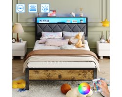 Eenpersoonsbed 90x200 cm - Stevig Metalen Bedframe - Jeugdbed met LED Verlichting - Stopcontacten, USB & Type-C Poorten - Hoofdbord met Opbergruimte - Donkergrijs Linnen - Modern & Duurzaam Design