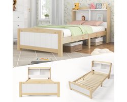 Eenpersoonsbed 90x200 - Houten Bed Met Opberg Hoofdbord - Massief Grenen Met Lattenbodem - Wit/Natuurlijk - Voor Kind Of Tiener