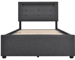 Eenpersoonsbed 90x200 Zonder Matras Gestoffeerd Bed Grijs Linnen Met Verstelbaar Hoofdeinde Met Lattenbodem Hout Met LED Met 4 Lade Met Opbergruimte Modern Design Voor Slaapkamer En Gastenkamer