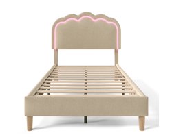 Eenpersoonsbed 90x200cm Zonder Matras Polsterbed Beige Linnen Met Led Verstelbaar Hoofdbord Geschikt Voor Slaapkamer Gastenbed Modern Design