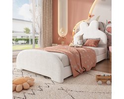 Eenpersoonsbed Gestoffeerd bed, bedhoofd in de vorm van een konijnenoor, eenvoudig, stijlvol en comfortabel, cartooneske stijl, imitatie van fleece, wit, 90x200cm