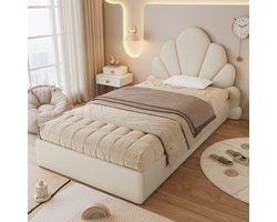 Eenpersoonsbed Gestoffeerd bed, hoofdbord met gebogen bloemblaadjes, eenvoudig, stijlvol en comfortabel, modern bedframe, fluweel, beige 90x200cm