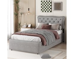 Eenpersoonsbed, Grijs(Zonder matras), Dubbele lade met Opbergruimte, plat bed 90x200 cm, gestoffeerd bed, gestoffeerd hoofdbord met decoratieve noppen