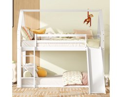 Eenpersoonsbed kinderbed huisbed stapelbed met glijbaan en ladder, wit, 90x200cm