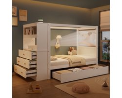 Eenpersoonsbed - Kinderbed met valbeveiliging en rail - met opbergruimte - Locker met 5 lades - Lades op wielen - naturel wit - 90x200 cm