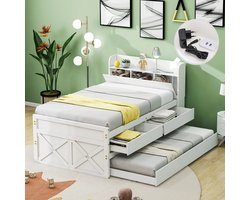 Eenpersoonsbed massief houten bed 90x190 - multifunctioneel grenen bed met uittrekbare lade lattenbodem-nachtkastje met planken met USB-aansluiting - wit