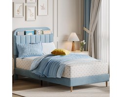 Eenpersoonsbed met Hoofdbord en Opbergruimte - 90x200CM - Gestoffeerd Kinderbed - Fluweel - Inclusief Lattenbodem - Blauw