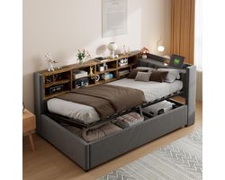 Eenpersoonsbed met Opbergruimte en LED Verlichting, 90x200 cm, Gestoffeerd