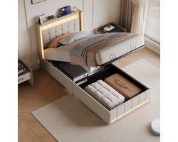 Eenpersoonsbed Opbergbed 90x200 cm met LED en USB, Hydraulisch Opbergruimte - Kinderbed Gestoffeerd Bedframe voor tieners en volwassenen, Beige Linnen (Zonder Matras)