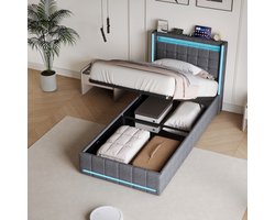 Eenpersoonsbed Opbergbed 90x200 cm met LED en USB, Hydraulisch Opbergruimte - Kinderbed Gestoffeerd Bedframe voor tieners en volwassenen, Grijs Linnen (Zonder Matras)