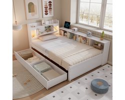 Eenpersoonsbed - paneelbed - hoofdeinde met opbergruimte + 2 lampjes - met oplaadpunt - opbergkast en lade aan de zijkant - grenenhout + spaanplaat + MDF - wit - 90 x 200 cm