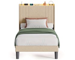 Eenpersoonsbed – Single Bed – Bedframe – Bedombouw – Slaapbed – 90x200 cm – Opbergruimte Hoofdeinde – Stil Geluid – 16 cm Opbergruimte Onderbed – Hout Metaal Mix – Eenvoudige Montage – Ruimtebesparend Design