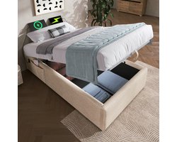 Eenpersoonsbed van 90x190 cm met een lattenbodem over het gehele oppervlak - bed met opbergruimte en hydraulisch systeem - linnen stof - natuurlijk(Matras niet inbegrepen)