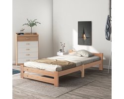 Eenpersoonsbedden - 200x90cm - Solide Massief Houten Futonbed - Met Hoofdeinde en Lattenbodem - Hout - Natuurlijk