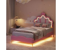 Eenpersoonsbedden 90x200 cm - Eenpersoonsbed - Kinderbed - Gestoffeerd bed - Fantasy LED-lichtstrip - Wolk- en kroonvormig PU-gestoffeerd hoofdbord - Metalen frame - Lattenbodem - Gouden bedpoten - Hedendaagse stijl - Roze