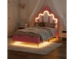 Eenpersoonsbedden 90x200 cm - Kinderbed - Gestoffeerd bed - Fantasy LED-lichtstrip - Wolk- en kroonvormig PU-gestoffeerd hoofdbord - Metalen frame - Lattenbodem - Gouden bedpoten - Hedendaagse stijl - Roze