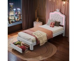 Eenpersoonsbedden 90x200 cm - Zacht Tas bed - Kinderbedd - kroon vorm - Diamanten cheque - RGB LED-lichtstrip - Metalen frame - Houten lattenbodem - 1 lade - Grote opslagruimte - Hedendaagse stijl - Wit