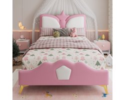 Eenpersoonsbedden - 90x200cm - Gestoffeerd Kinderbed - Hoofdeinde Met Kroonvorm - Zachte Anti-Bots Schuimrand - Speelse Kleur - PU + IJzer + Schuim - Roze + Wit