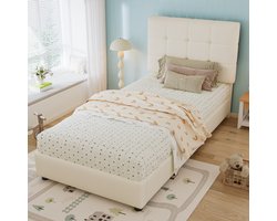 Eenpersoonsbedden - 90x200cm - Gestoffeerd Kinderbed - Zachte Rugleuning + Anti-Bots Schuim - Koekvorm Hoofdeinde - PU + IJzer + Schuim + Multiplex - Beige