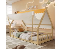 Eenpersoonsbedden - 90x200cm - Houten Kinderbed Met Exquisite Huisdesign - Afneembaar Tent - Stabiele Lattenbodem + Veiligheidshek - Kiefer + Multiplex - Naturel