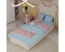 Eenpersoonsbedden - 90x200CM - Modern Minimalistisch Zacht Bed Met Cartoon Hoofdbord - Hoge Box Met Gaslift - Beige (Geen Matras)