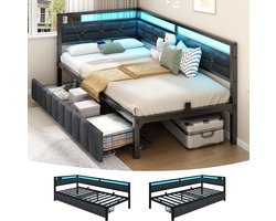 Eenpersoonsbedden Hoekbed 90x200 cm - Opbergbed - Jongerenbed - Jeugdbed - Eenpersoonsbed - Bedframe met 2 Lades - Led Verlichting - Met Stopcontacten - USB -Type C - Eenvoudige Montage - Grijs